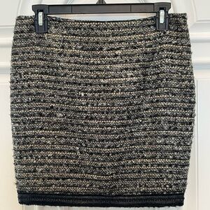 bebe Metallic Tweed Pencil Skirt with faux leather and chain hem